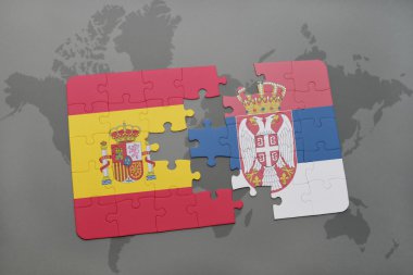 bir dünya haritası arka plan üzerinde İspanya ve Sırbistan ulusal bayrağı ile bulmaca.