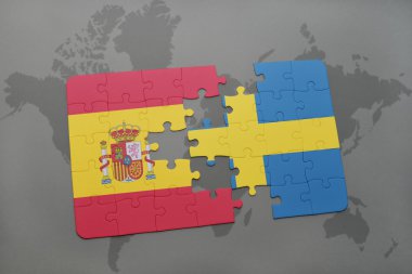 bir dünya haritası arka plan üzerinde İspanya ve İsveç ulusal bayrağı ile bulmaca.