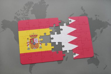 bir dünya haritası arka plan üzerinde İspanya ve Bahreyn ulusal bayrağı ile bulmaca.