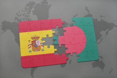 bir dünya haritası arka plan üzerinde İspanya ve Bangladeş ulusal bayrağı ile bulmaca.