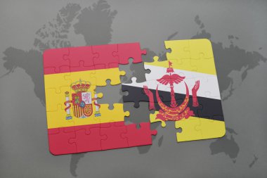 bir dünya haritası arka plan üzerinde İspanya ve brunei ulusal bayrağı ile bulmaca.