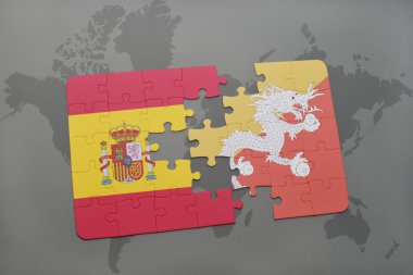 bir dünya haritası arka plan üzerinde İspanya ve bhutan ulusal bayrağı ile bulmaca.