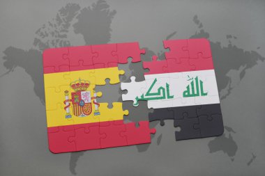 bir dünya haritası arka plan üzerinde İspanya ve Irak ulusal bayrağı ile bulmaca.