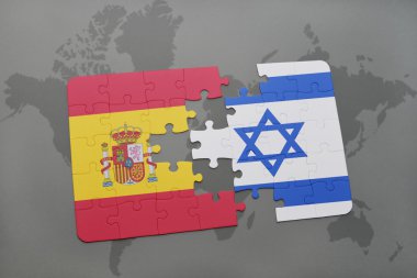 bir dünya haritası arka plan üzerinde İspanya ve İsrail ulusal bayrağı ile bulmaca.