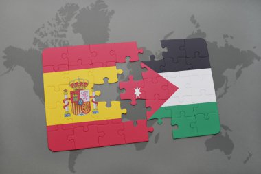 bir dünya haritası arka plan üzerinde İspanya ve Ürdün ulusal bayrağı ile bulmaca.