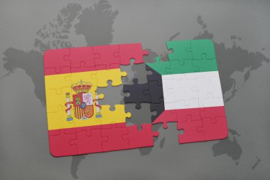 bir dünya haritası arka plan üzerinde İspanya ve Kuveyt ulusal bayrağı ile bulmaca.