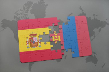 bir dünya haritası arka plan üzerinde İspanya ve Moğolistan ulusal bayrağı ile bulmaca.