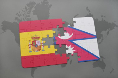 bir dünya haritası arka plan üzerinde İspanya ve Nepal ulusal bayrağı ile bulmaca.