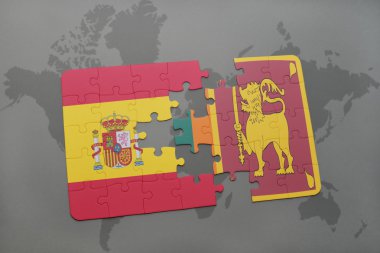 bir dünya haritası arka plan üzerinde İspanya ve Sri Lanka ulusal bayrağı ile bulmaca.