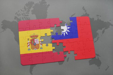 bir dünya haritası arka plan üzerinde İspanya ve Tayvan ulusal bayrağı ile bulmaca.