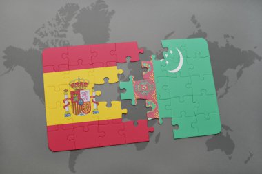 bir dünya haritası arka plan üzerinde İspanya ve Türkmenistan ulusal bayrağı ile bulmaca.