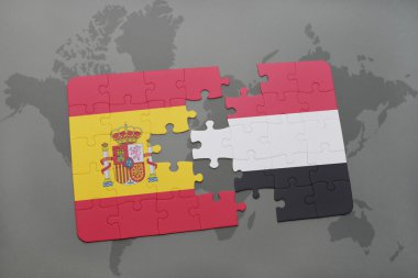 bir dünya haritası arka plan üzerinde İspanya ve Yemen ulusal bayrağı ile bulmaca.
