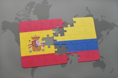 bir dünya haritası arka plan üzerinde İspanya ve Kolombiya ulusal bayrağı ile bulmaca.