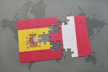 bir dünya haritası arka plan üzerinde İspanya ve Peru ulusal bayrağı ile bulmaca.
