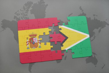 bir dünya haritası arka plan üzerinde İspanya ve guyana ulusal bayrağı ile bulmaca.