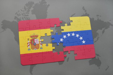 bir dünya haritası arka plan üzerinde İspanya ve Venezuela ulusal bayrağı ile bulmaca.