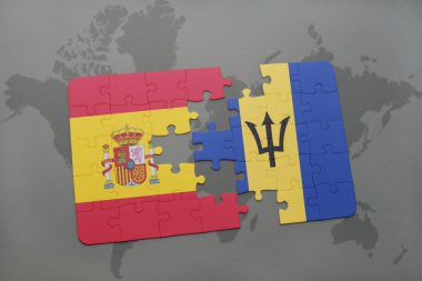 bir dünya haritası arka plan üzerinde İspanya ve Barbados ulusal bayrağı ile bulmaca.