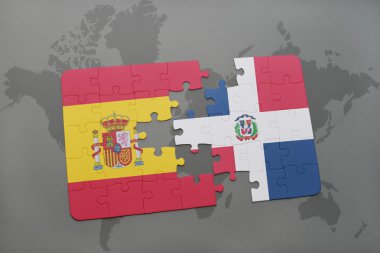 bir dünya haritası arka plan üzerinde İspanya ve Dominik Cumhuriyeti ulusal bayrağı ile bulmaca.