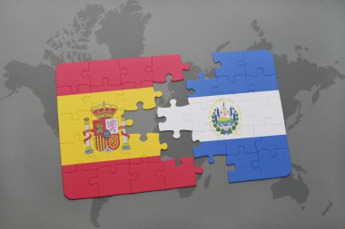 bir dünya haritası arka plan üzerinde İspanya ve el salvador ulusal bayrağı ile bulmaca.