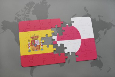 bir dünya haritası arka plan üzerinde İspanya ve grönland ulusal bayrağı ile bulmaca.