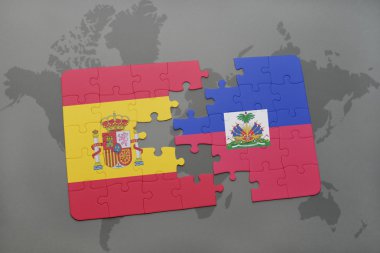 bir dünya haritası arka plan üzerinde İspanya ve Haiti ulusal bayrağı ile bulmaca.
