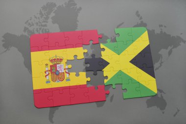 bir dünya haritası arka plan üzerinde İspanya ve Jamaika ulusal bayrağı ile bulmaca.