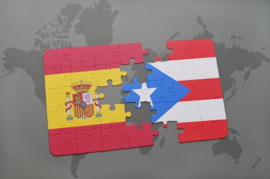 bir dünya haritası arka plan üzerinde İspanya ve Porto Riko ulusal bayrağı ile bulmaca.