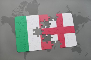 bir dünya haritası arka plan üzerinde İtalya ve İngiltere ulusal bayrağı ile bulmaca.