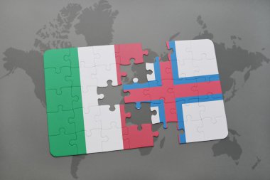 bir dünya haritası arka plan üzerinde İtalya ve faroe adaların ulusal bayrağı ile bulmaca.