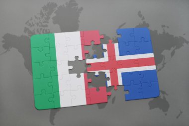 bir dünya haritası arka plan üzerinde İtalya ve İzlanda ulusal bayrağı ile bulmaca.