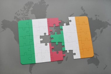 bir dünya haritası arka plan üzerinde İtalya ve İrlanda ulusal bayrağı ile bulmaca.