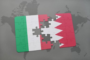 bir dünya haritası arka plan üzerinde İtalya ve Bahreyn ulusal bayrağı ile bulmaca.