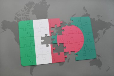 bir dünya haritası arka plan üzerinde İtalya ve Bangladeş ulusal bayrağı ile bulmaca.
