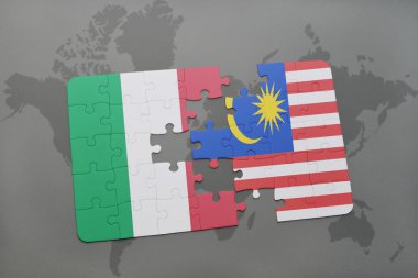 bir dünya haritası arka plan üzerinde İtalya ve Malezya ulusal bayrağı ile bulmaca.