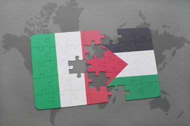 puzzle with the national flag of italy and palestine on a world map background.