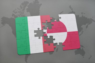 bir dünya haritası arka plan üzerinde İtalya ve grönland ulusal bayrağı ile bulmaca.