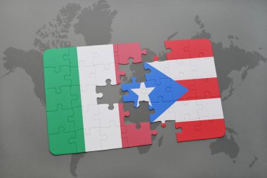 puzzle with the national flag of italy and puerto rico on a world map background.