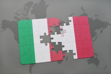 Dünya harita arka plan üzerinde İtalya ve malta bayrağı ulusal ile bulmaca.