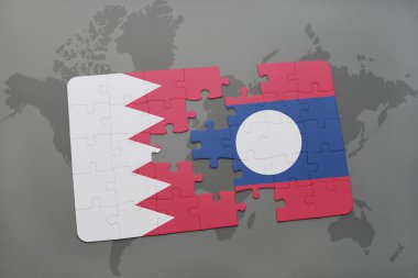 bir dünya haritası arka plan üzerinde bahreyn ve laos ulusal bayrağı ile bulmaca.