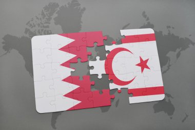 bir dünya haritası arka plan üzerinde bahreyn ve kuzey Kıbrıs ulusal bayrağı ile bulmaca.