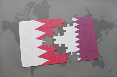 bir dünya haritası arka plan üzerinde bahreyn ve Katar ulusal bayrağı ile bulmaca.