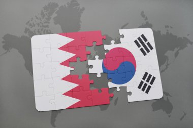 bir dünya haritası arka plan üzerinde bahreyn ve güney kore ulusal bayrağı ile bulmaca.