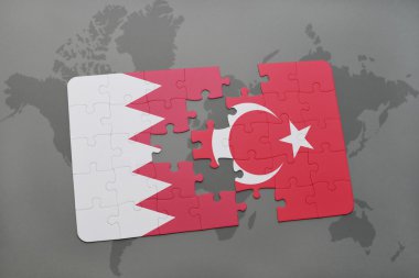 bir dünya haritası arka plan üzerinde bahreyn ve Türkiye ulusal bayrağı ile bulmaca.