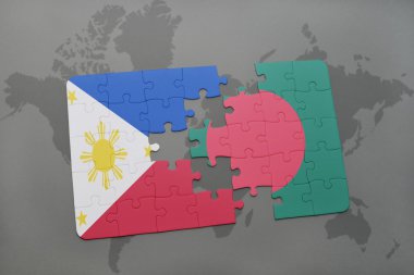 bir dünya haritası arka plan üzerinde Filipinler ve Bangladeş ulusal bayrağı ile bulmaca.