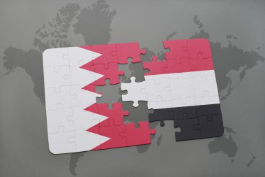 bir dünya haritası arka plan üzerinde bahreyn ve yemen ulusal bayrağı ile bulmaca.