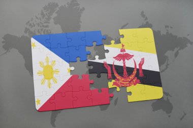 bir dünya haritası arka plan üzerinde Filipinler ve brunei ulusal bayrağı ile bulmaca.