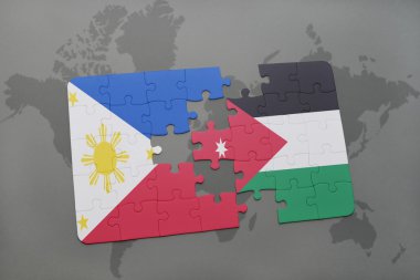 bir dünya haritası arka plan üzerinde Filipinler ve Ürdün ulusal bayrağı ile bulmaca.