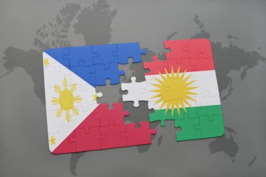 bir dünya haritası arka plan üzerinde Filipinler ve Kürdistan ulusal bayrağı ile bulmaca.