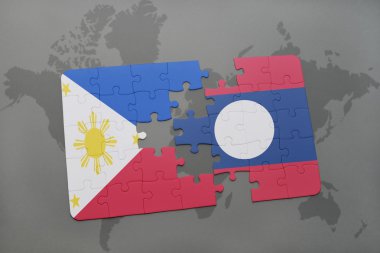 bir dünya haritası arka plan üzerinde Filipinler ve laos ulusal bayrağı ile bulmaca.