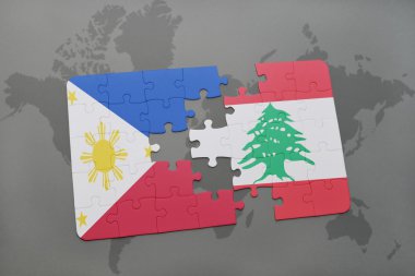 bir dünya haritası arka plan üzerinde Filipinler ve Lübnan ulusal bayrağı ile bulmaca.